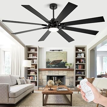 62 Inch Ceiling Fan with 8 Black Blades, Modern Large Industrial Ceiling Fan with 5CCT Light and Remote, Outdoor Patio DC Motor Ceiling Fans for Bedroom Damp Rated Outside Gazebo Porch Garage