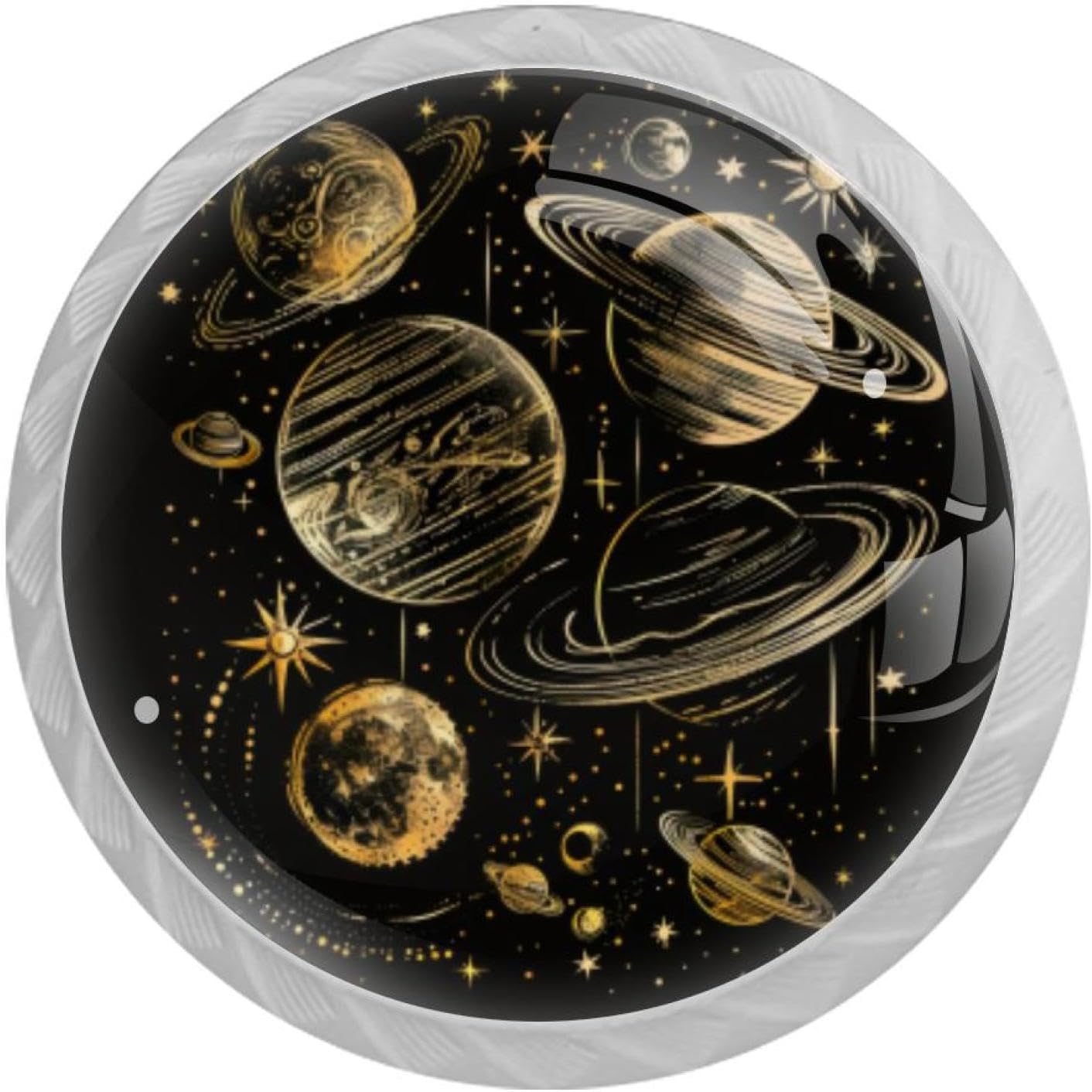 4Pcs Knobs for Kitchen Cabinets, 35mm Round White Base Drawer Pulls with Screws, Drawer Dresser Knobs for Cupboard Wardrobe, Planets Solar System Galaxy Stars Black Pattern