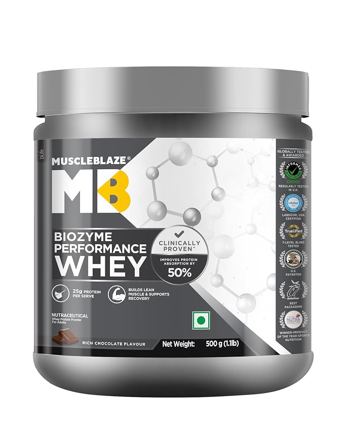 MuscleBlaze Biozyme Performance Whey Protein Powder, 500g (1.1lbs)