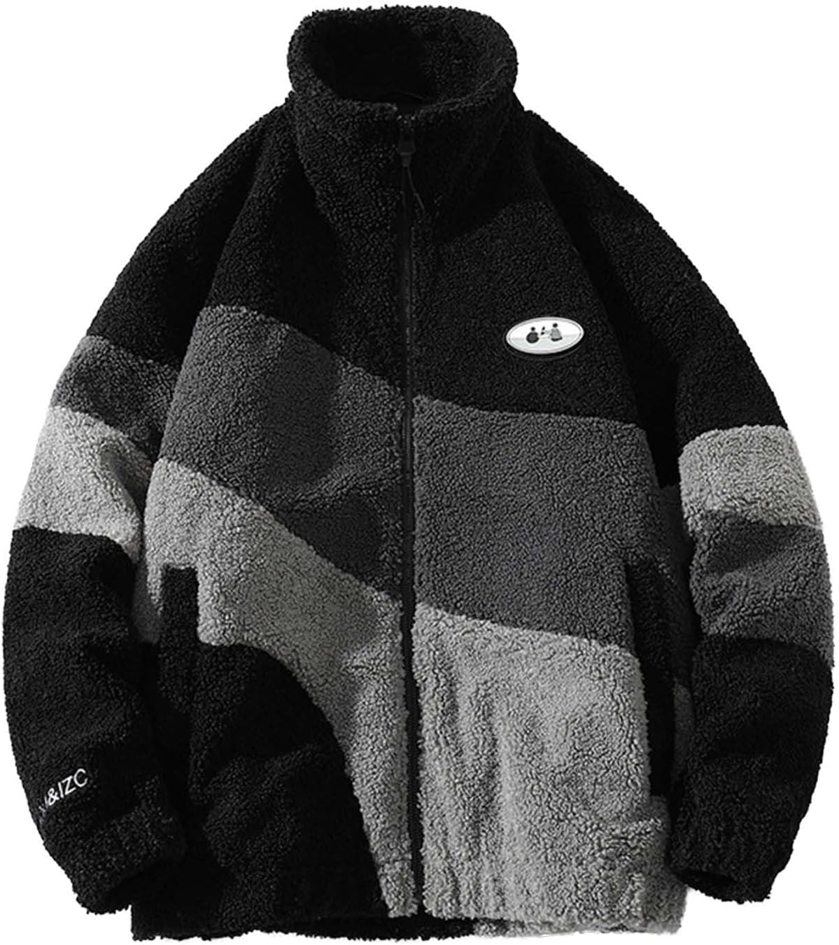 Akklian Men's Casual Colorblock Fleece Fluffy Jacket Zip Up Stand Collar Fuzzy Warm Drawstring Oversized Sweatshirt Outerwear