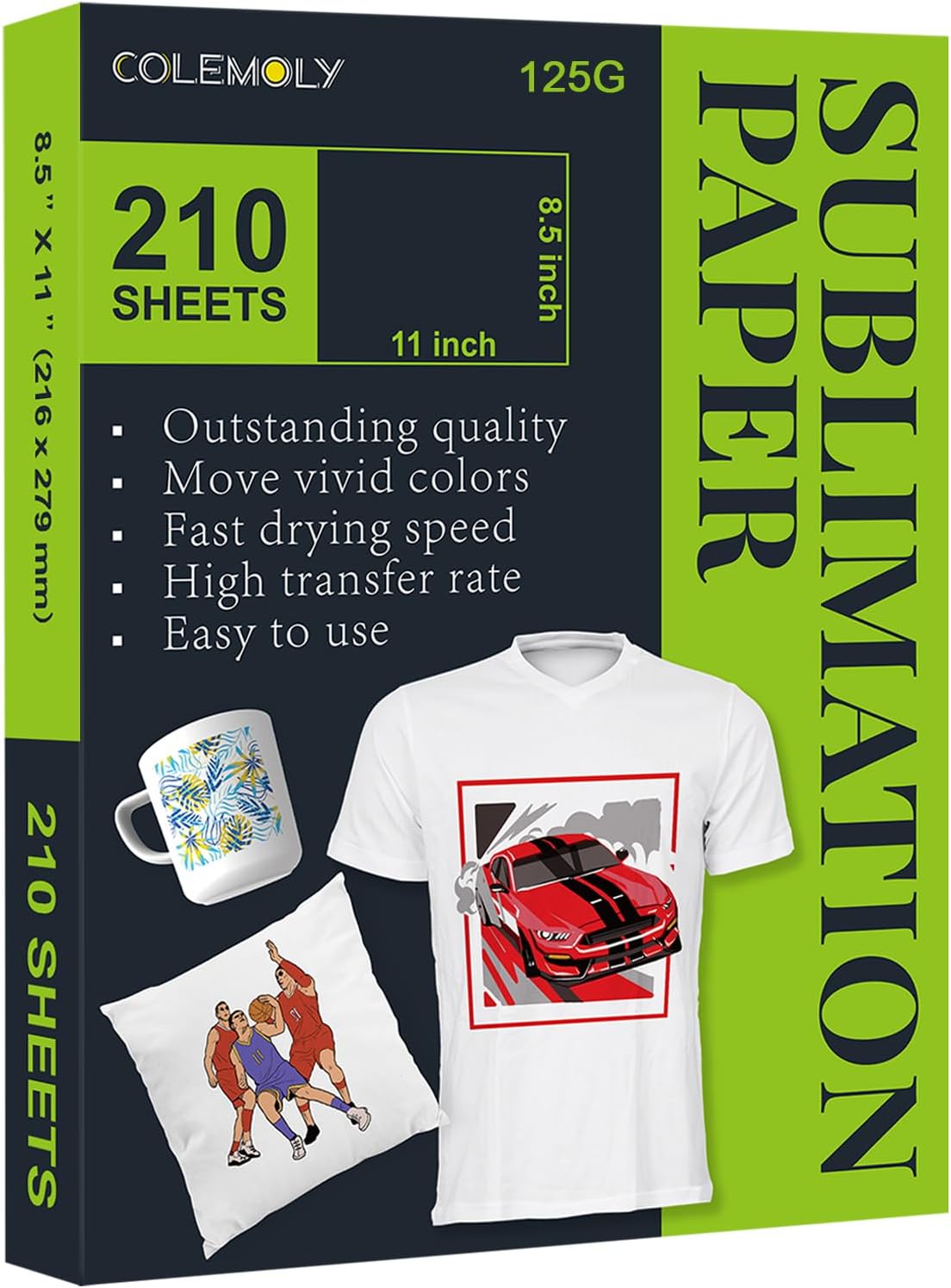 Colemoly Sublimation Paper 8.5x11 Inch 125g, Heat Transfer Paper 210 Sheets Use with Thermal Sublimation Transfer Ink and Inkjet Printers, for Ceramic Mug, Polyester T-shirt, Cell Phone Case