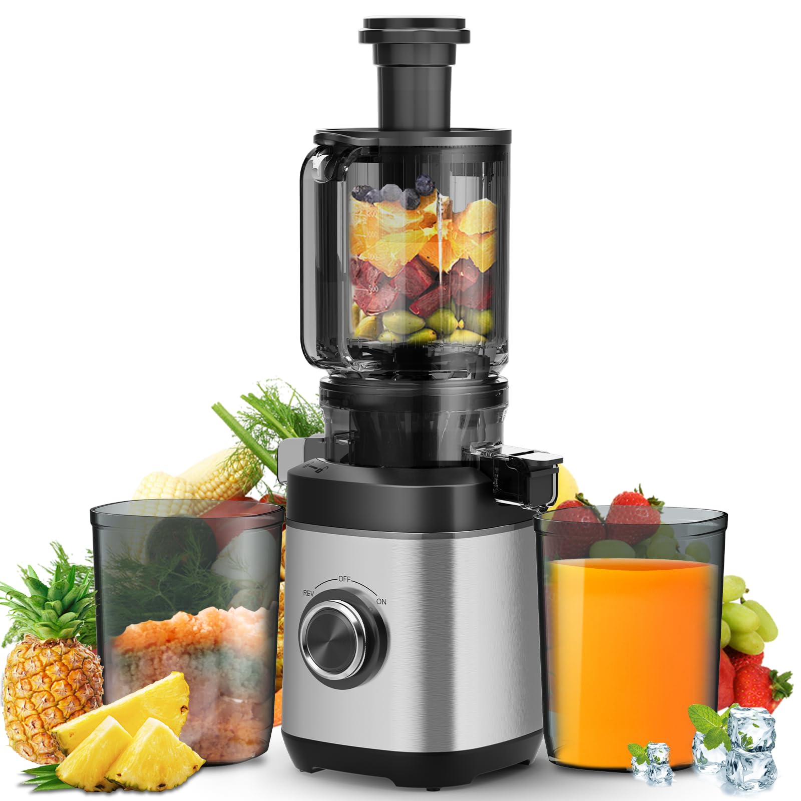 Juicer Machines, Cold Press Juicer Fit Whole Fruits and Vegetables, Slow Masticating Juicers with Wide Feed Chute, High Juice Yield, BPA Free