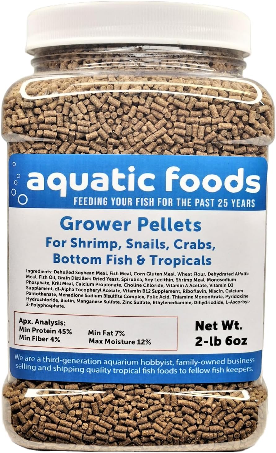 Aquatic Foods Inc. Shrimp Grower 45% Protein Sinking Pellets 1/16" x 3/8" for Shrimp, Snails, Crabs, Catfish, Plecos, All Tropical Fish - 5-lb 8oz Large Jar by Zeigler