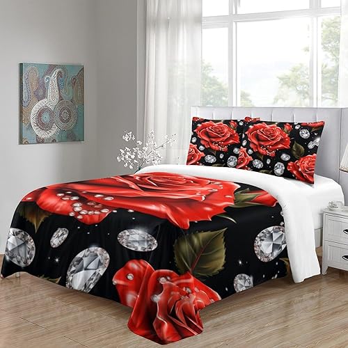 Miniatura 4 de HOUKIG Funda de edredón de rosa roja para niños y niñas, estampado en 3D, estilo romántico, fundas de edredón con fundas de almohada, juego de ropa