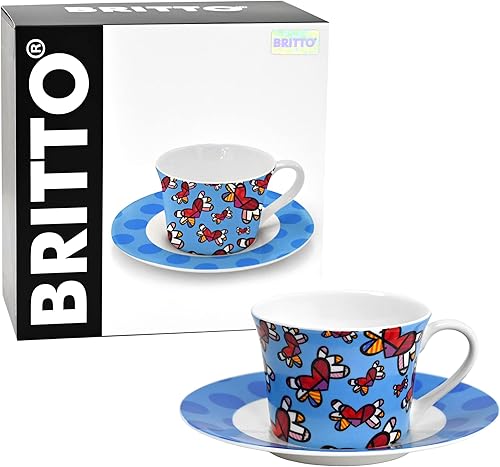 Miniatura 5 de Britto Romero Bone - Taza de café y té de porcelana con platillo, 6.7 onzas, Love Is In The Air