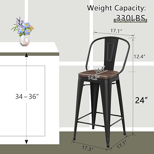 Miniatura 2 de Yongqiang Barstools Set of 4 Counter Height Bar Stools for Kitchen Island Farmhouse Metal High Back Bar Chairs Wooden Seat 24" Matte Black Negro
