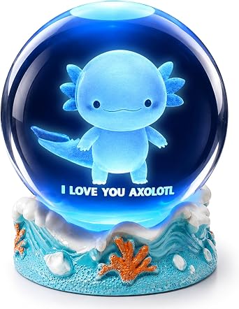 Axolotl Night Light, 3D-Engraved K9 Crystal Ball, Ocean-Themed Resin Base | 16-Color Changing Lamp, 3.15-Inch Crystal Ball with Gift Box, Birthday and Christmas Gift for Axolotl Lovers, USB-Powered