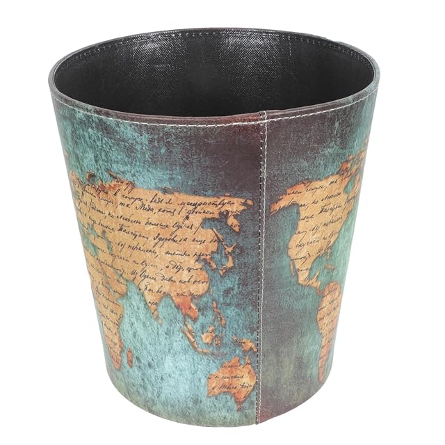 2025 PU Leather Trash Can - Retro European Antique Decorative Waste Bin with World Map Design Metal Decor