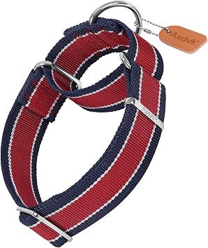 Martingale Collar 1.5 Inch Wide 1600D Extra Strong Anti Escape Nylon Dog Collar, No Pull Heavy Duty Pet Collars with 3-Color Stripe for Medium Dogs M, Red & Navy Blue