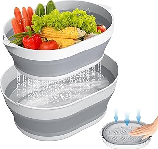 Azonee 2-in-1 Collapsible Sink Basin & Fruit Washing Bowl - 5.3QT Foldable Silicone Basin with Strainer