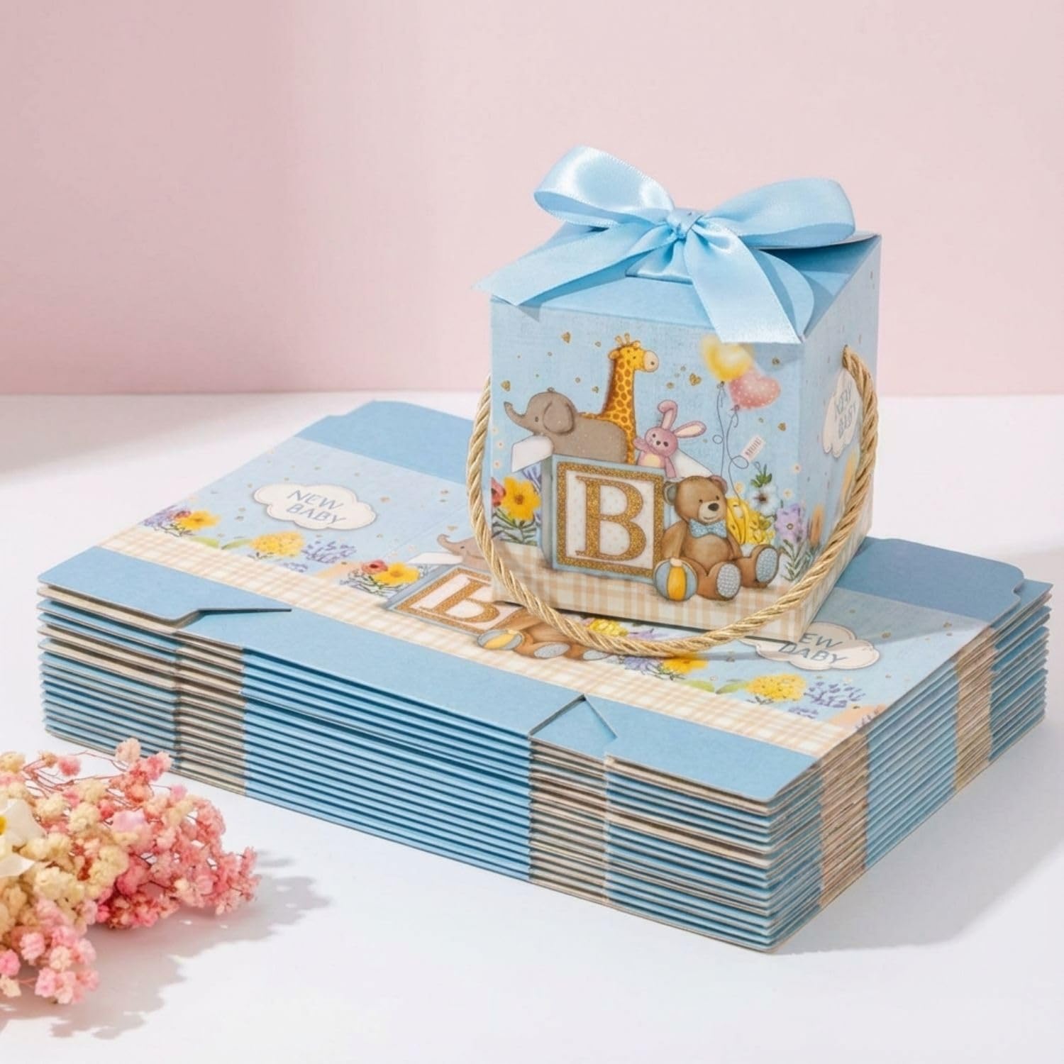 FunBlast 10 Pcs Baby Shower Gift Box with Ribbon & Hanging Thread, Decorative Paper Folding Gift Boxes, Birthday Parties, Kids’ Gifting, Chocolates, & Small Item Packaging (Blue)-image-7