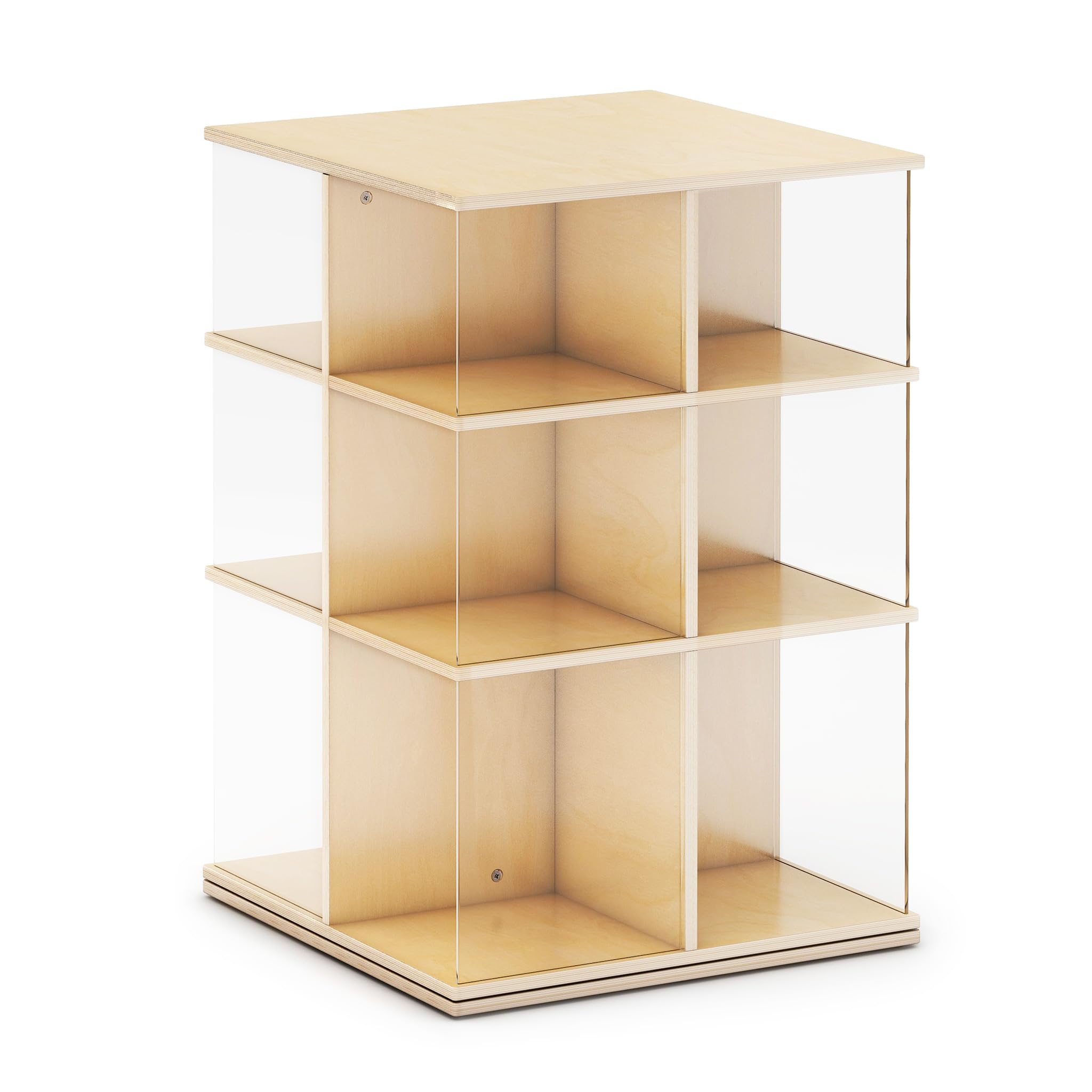 EdQ Rotating Big Book Display – Natural: 3-Tier Wooden Bookshelf for Kids' Room with Acrylic Sides | 360° Spinning Bookcase with Multi-Size Shelves