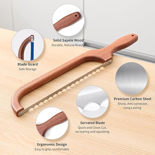 Miniatura 5 de FYLFOTA Cuchillo de pan para pan casero, cuchillo de pan de masa madre que nunca aplastará el pan, cuchillo de sierra de madera para pan de regalo