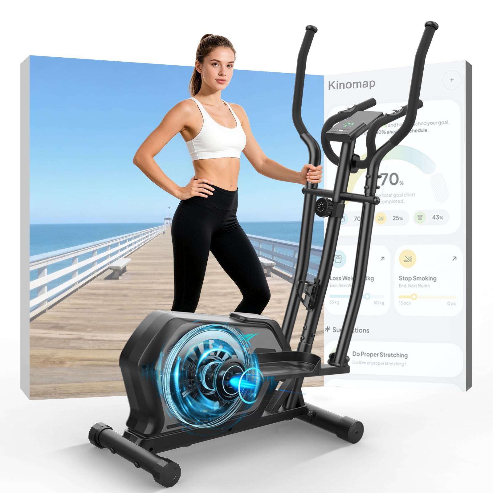 Ellittiche Da Casa con App, 3-in-1 Ellittica Ultra Silenziosa con 16 Livelli di Resistenza,volano da 6 kg, Monitor LCD, Pedale Antiscivolo, Portabottiglie, Cyclette Ellittica Fino a 287 LBS