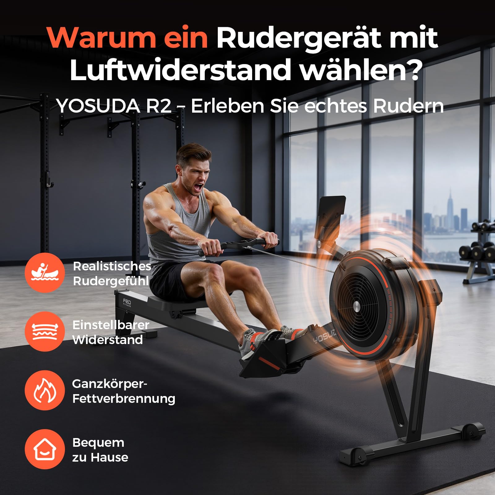 YOSUDA R2 Luft Rudergerät für Zuhause Klappbar, Luftwiderstand, Selbstbetriebenes Display, 10-Stufen Widerstand, Alu-Laufschiene für große Menschen, Bluetooth & App, Indoor Rudern zum Cardiotraining