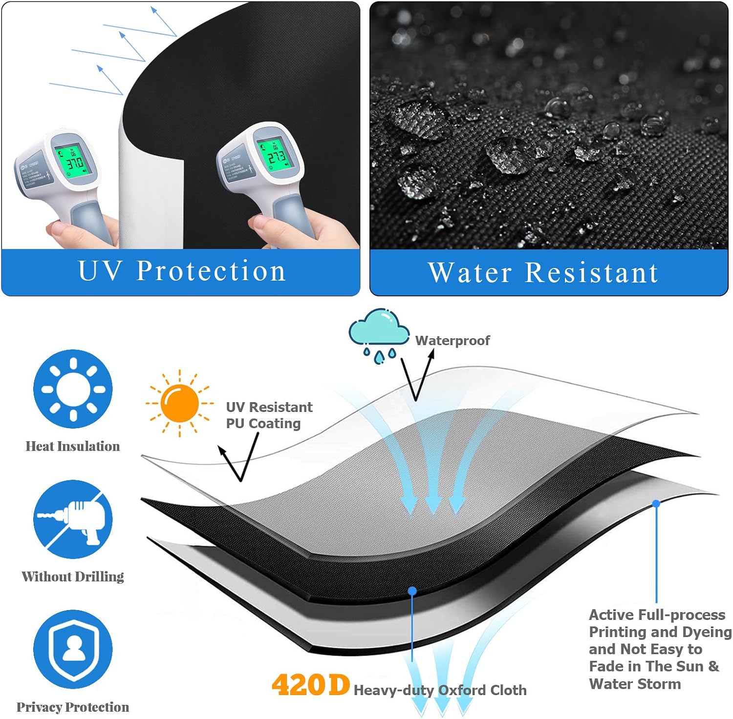 Blackout Window Cover 400x148cm, Portable Blackout Curtains for Bedroom, Temporary Blackout Blinds Window Privacy Film, No Drill Blackout Shades for Media Room Travel Skylight, 30 Hook & Loops, 420D