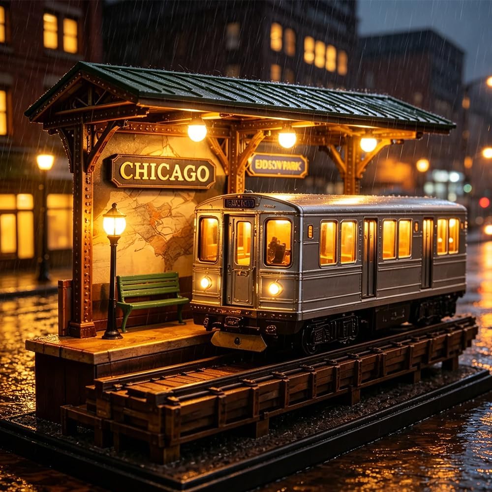 Chicago L Train Lamp,Miniature Chicago Station Model Table Lamp, Vintage Elevated Train Desk Lamp with LED Ambient Light, for Desk, Office, Home Decor, Chicago Themed Gift for City Enthusiasts (2PCS)
