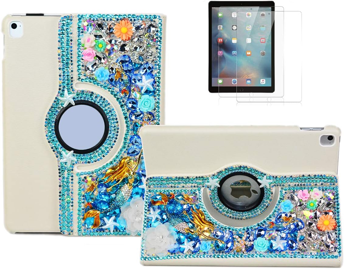STENES Bling Case Compatible with iPad Air 10.9 inch 2020 - STYLISH - 3D Handmade Crystal Mermaid Flowers Floral 360 Degree Rotating Stand Case with Smart Cover Auto Sleep/Wake Feature - Navy Blue