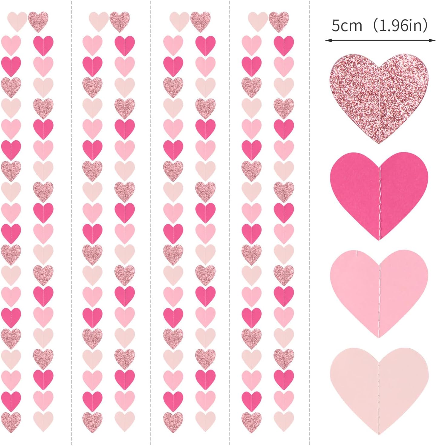 Hot-Pink Rose-Gold Party Decorations Heart-Garland - 52ft Wedding Bridal Shower Hanging Decoration Streamers Banner,Baby Girl Birthday Bachelorette Engagement Mohters Valentines Day Decor Panduola - Image 2