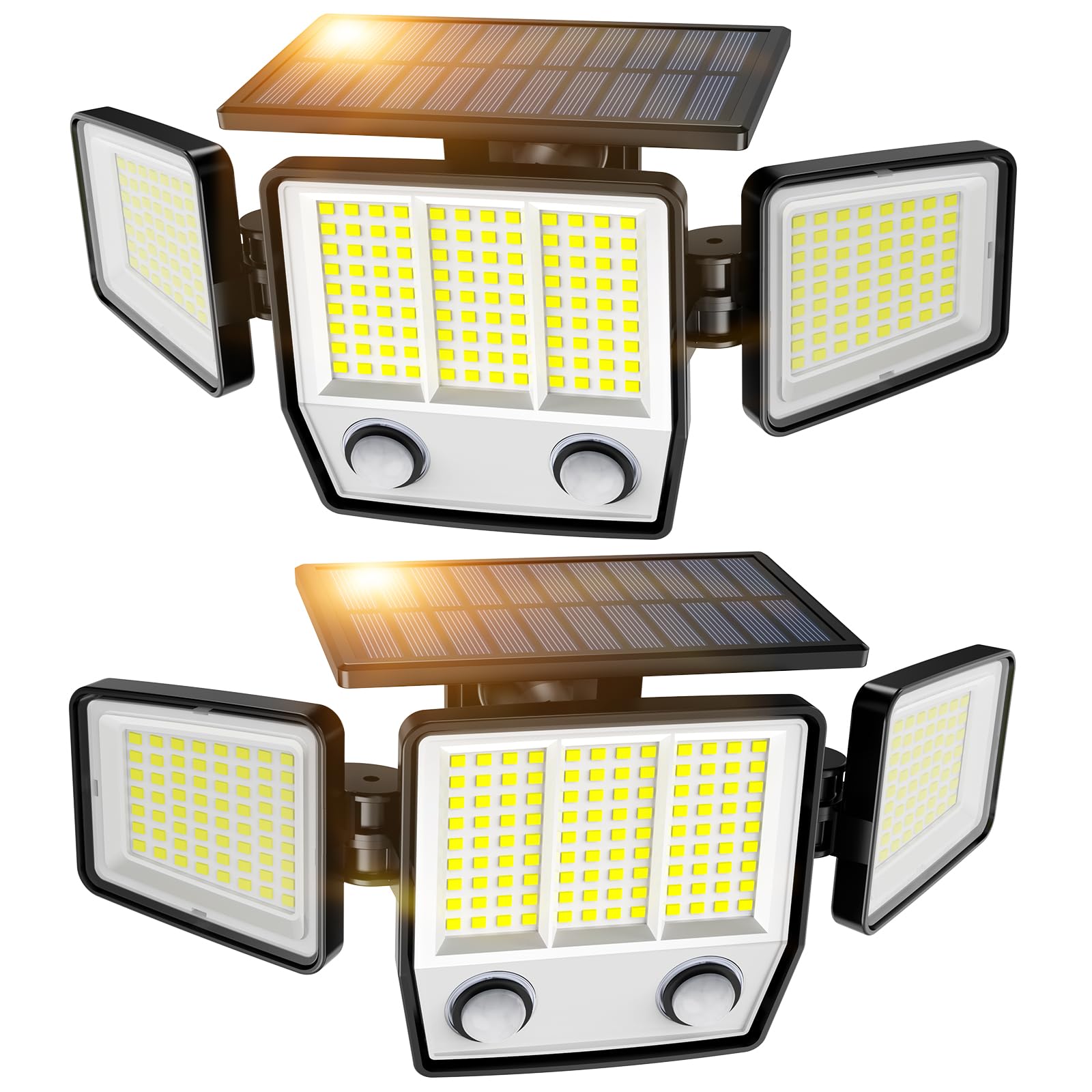 6500K Solar Outdoor Lights,3000LM 304 LED Motion Sensor Outdoor Lights, 3 Heads Security Light,IP67 Waterproof, 270°Flood Wall Light with 3 Modes for Backyard Yard,2 Pack