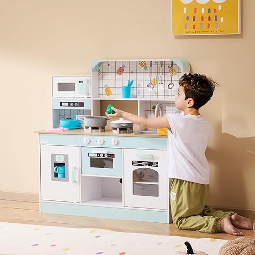 Vista 8 de VEVOR Juguete de cocina de madera para niños con luces y sonidos, cocina para niños pequeños con máquina de hielo, horno, fregadero, microondas