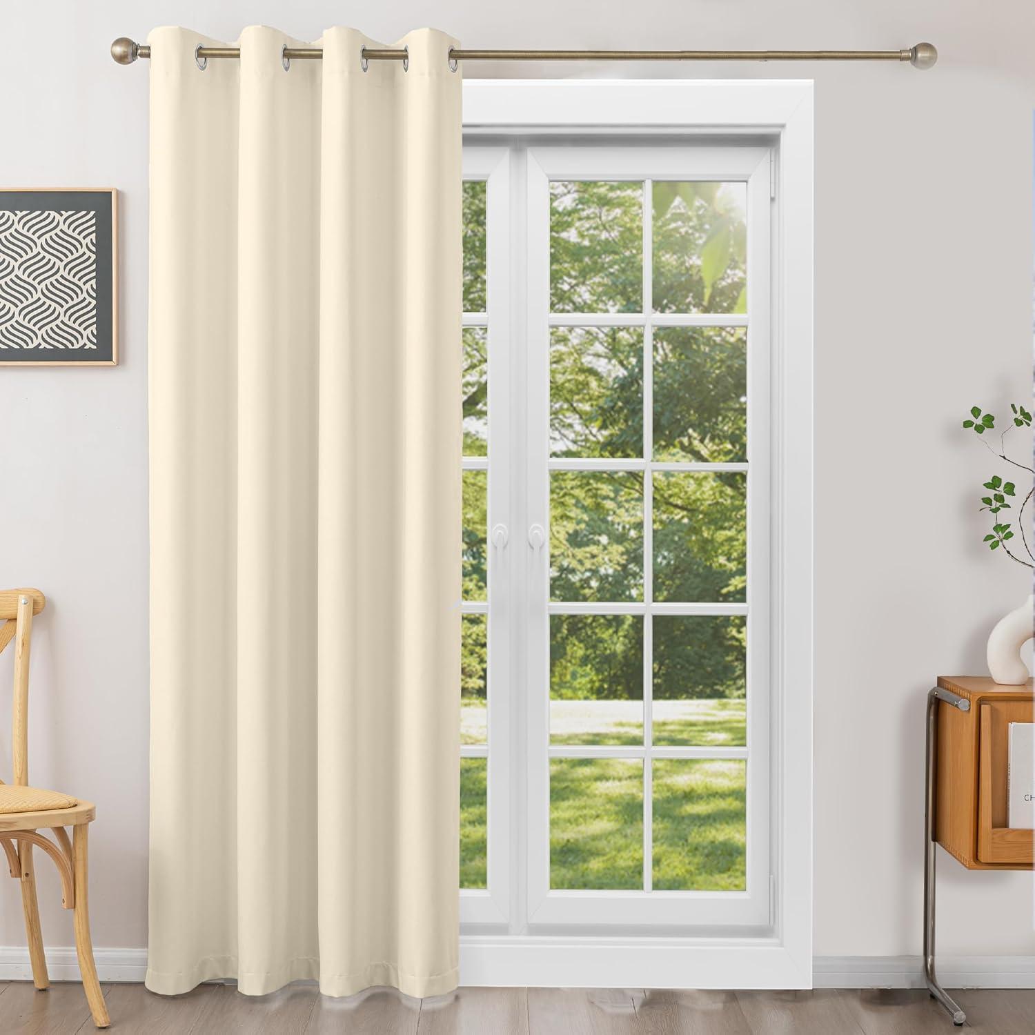 Flame-Retardant NFPA 701 Standard Curtain 84-inch Single Panel 100% Blackout Curtain Ideal for Bedrooms and Living Rooms Thermal Insulation Metal Ring Hanging System (42x84 inches, Beige)