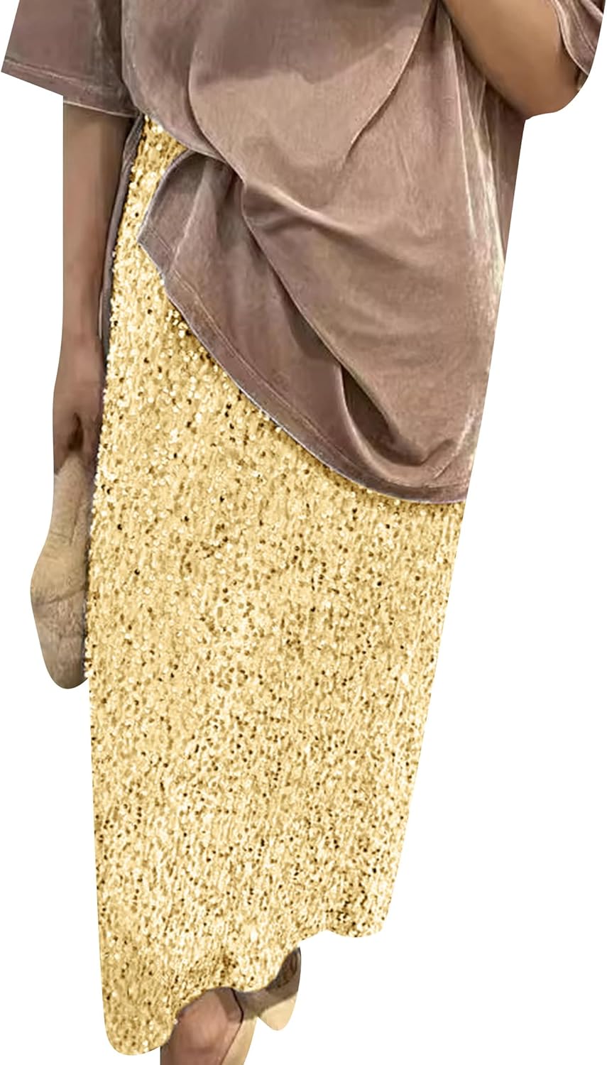 DIACACY Women's Sequin Maxi Skirt Stretchy High Waist Long Skirt Glitter Night Out Party Pencil Skirt