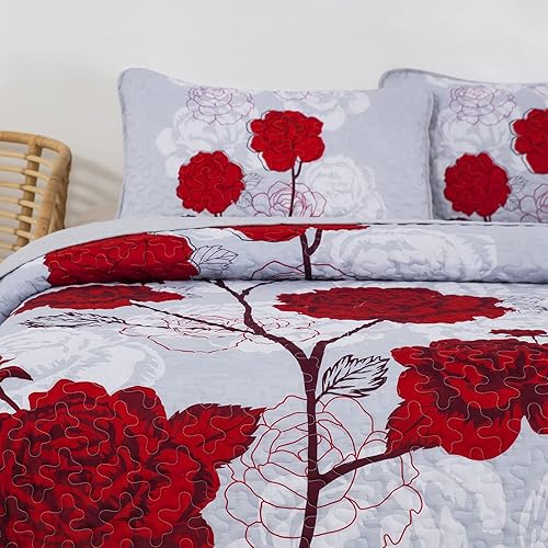 Miniatura 7 de Juego de edredón rojo tamaño King, 3 piezas suave rojo floral juego de ropa de cama tamaño King para todas las estaciones (90 x 103 pulgadas)