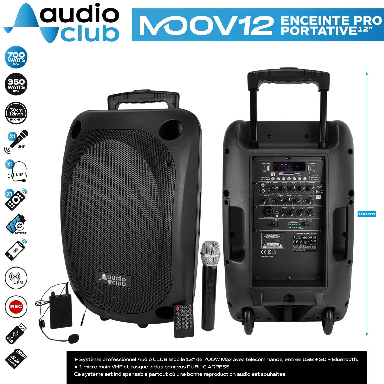 Audio club Enceinte Professionnel Portative 12" 350/700W - MOOV12 - USB Bluetooth Line Radio FM - Batterie - 2 Micros UHF