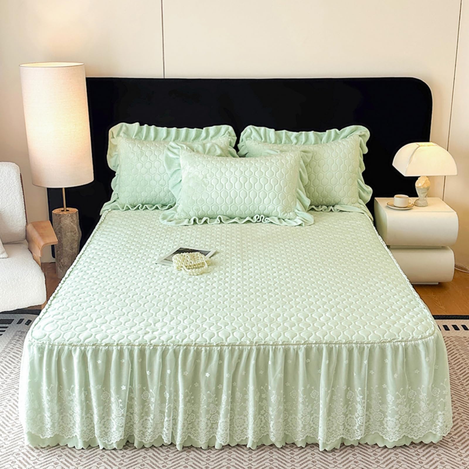 Surwin Drap Housse Doux Jupe de Lit a Volant Couleur Unie (Vert,150x200cm)