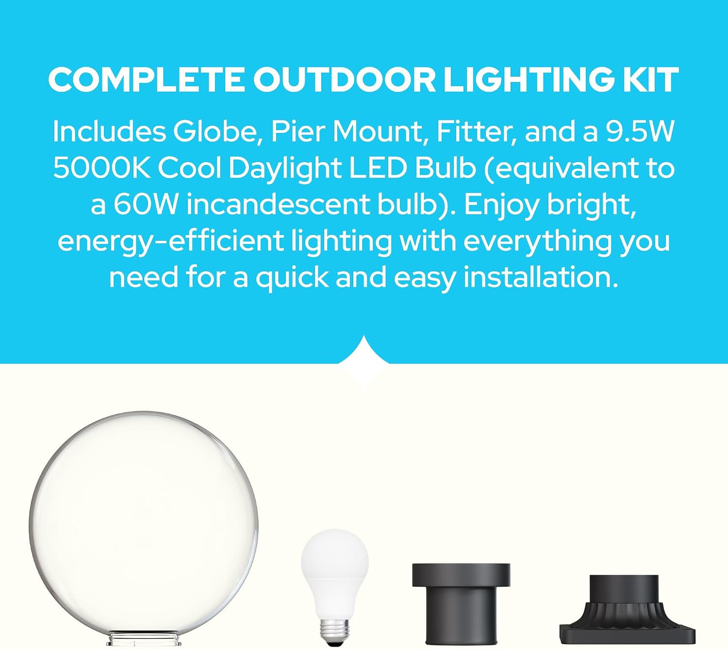 KASTLITE 12" Globe Pier Mount Outdoor Lighting with LED Lamp | UV & Waterproof Pillar & Column Lights | Deck Driveway Yard Patio & Garden Fixture | Made in USA | Clear Cover, Black Decorated Base