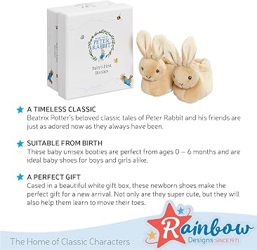 Official Peter Rabbit Baby Booties - Newborn Crib Shoes for Boys and Girls - Unisex Baby Slippers by Rainbow Designs | Soft newborn fit, gentle toe chime, gift boxed, suitable from 0–6 months