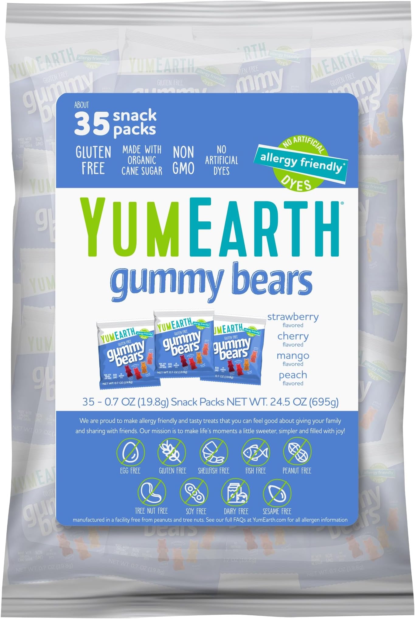 YumEarth Organic Gummy Bears - Fruity Gummy Candy Snack Packs, Gluten Free Snacks for Kids - Allergy Friendly, Non-GMO, No Artificial Dyes - Assorted Flavors, 0.7 oz. (Pack of 35)