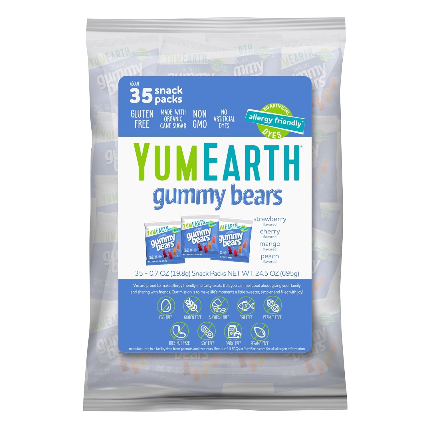 YumEarth Organic Gummy Bears - Fruity Gummy Candy Snack Packs, Gluten Free Snacks for Kids - Allergy Friendly, Non-GMO, No Artificial Dyes - Assorted Flavors, 0.7 oz. (Pack of 35)