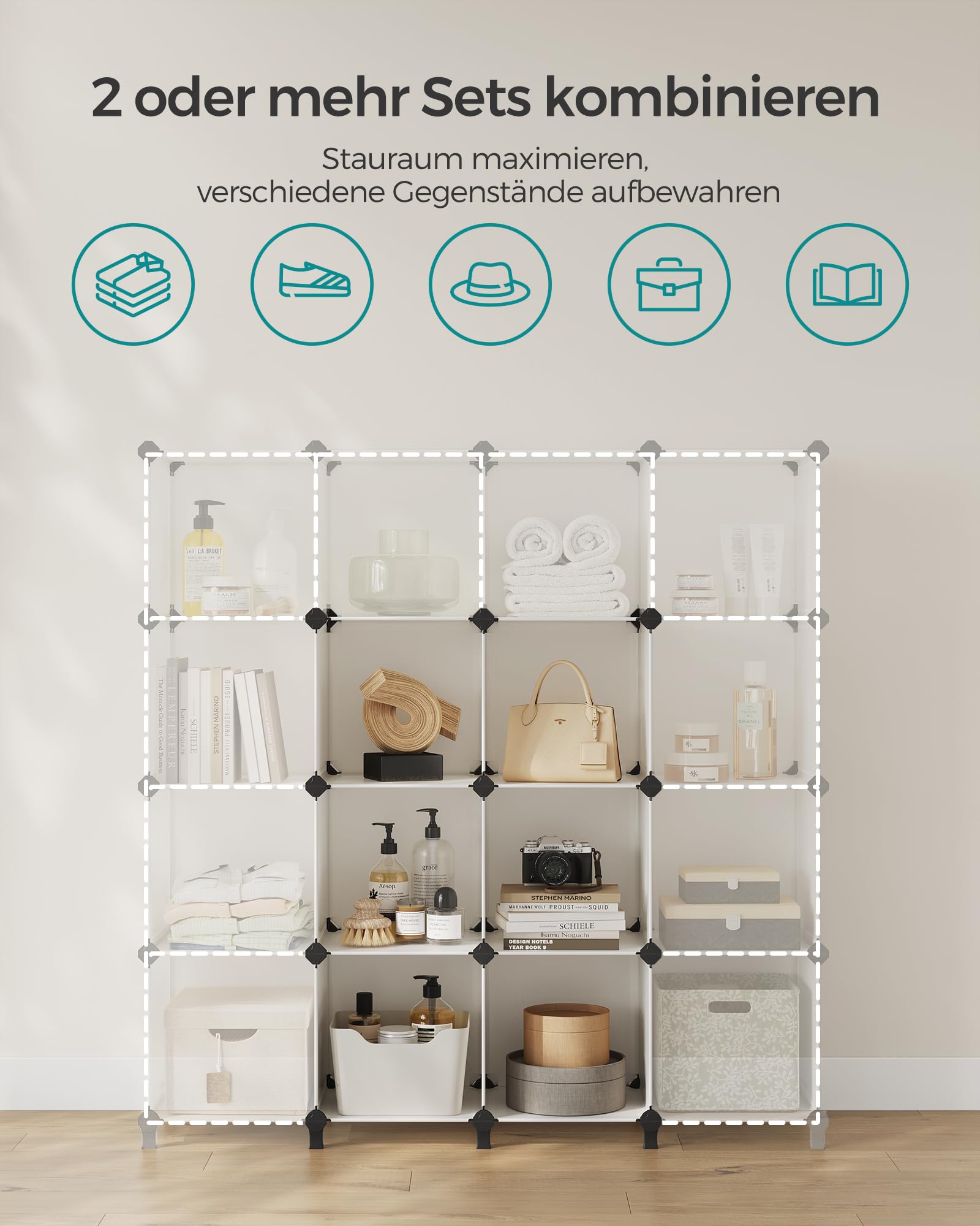 SONGMICS Schuhregal, Regalsystem, Steckregal, Set aus 6 Würfeln, DIY Regal, stapelbar, aus PP-Kunststoff, als Garderobe, für Schlafzimmer, Büro, 31,5 x 64 x 97,2 cm, cremeweiß LPC111M01