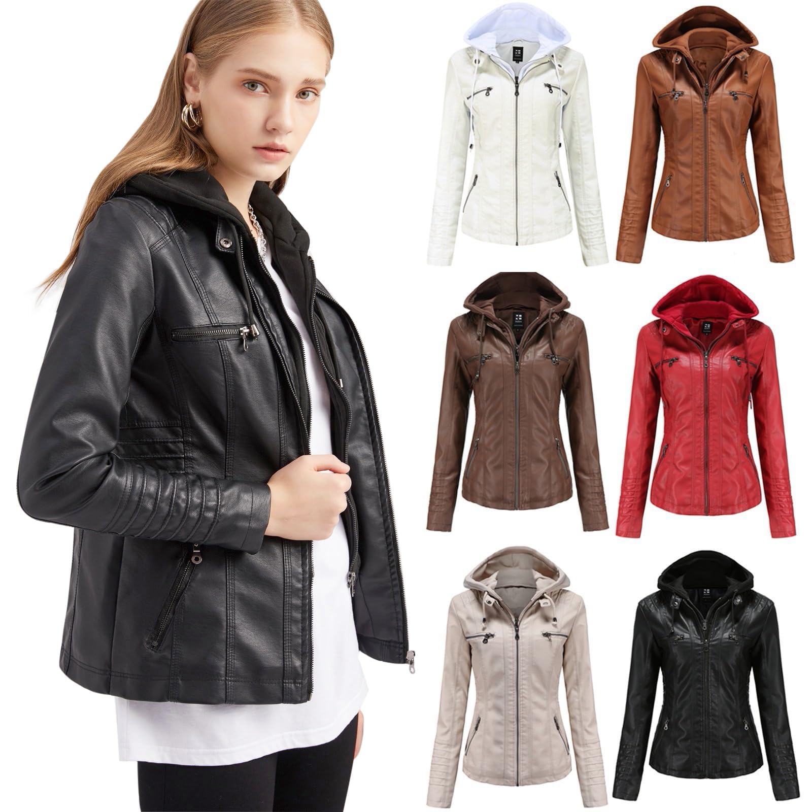 Lederjacke Damen Kunstleder Jacke Damen Lederjacke Mit Kapuzen, Langarm Kapuzenjacke Motorrad Jacke Slim Fit Hoodie Mantel Reißverschluss Streetwear Frauen Übergangsjacke
