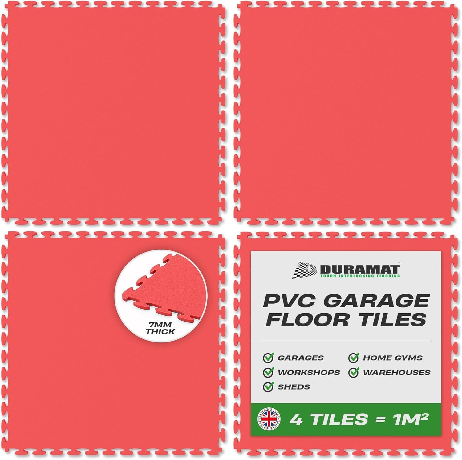 DuraTile Red Heavy Duty Interlocking Garage Flooring Tiles | 500mm x 500mm x 7mm | PVC Garage Floor Tiles for Garage, Workshop, Home Garage & Showroom Flooring | Pack of 4 Tiles