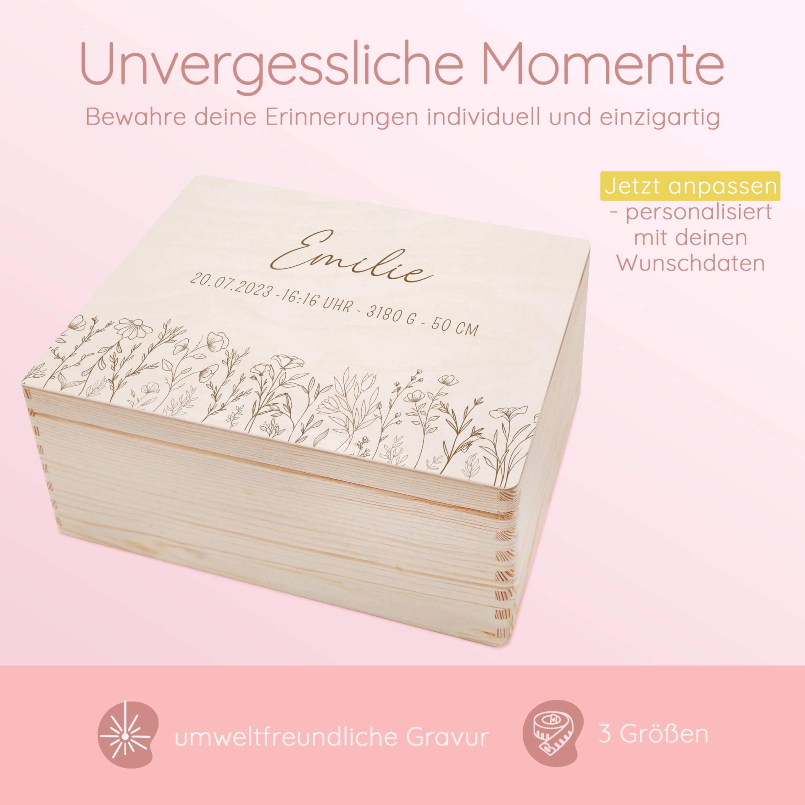 Bärenfreunde - Personalisierte Erinnerungsbox Baby mit Hochwertiger Gravur - Baby Erinnerungsbox - Erinnerungskiste aus Holz - Tolles Geschenk zur Geburt (M flach | Klappdeckel,Blumenwiese)