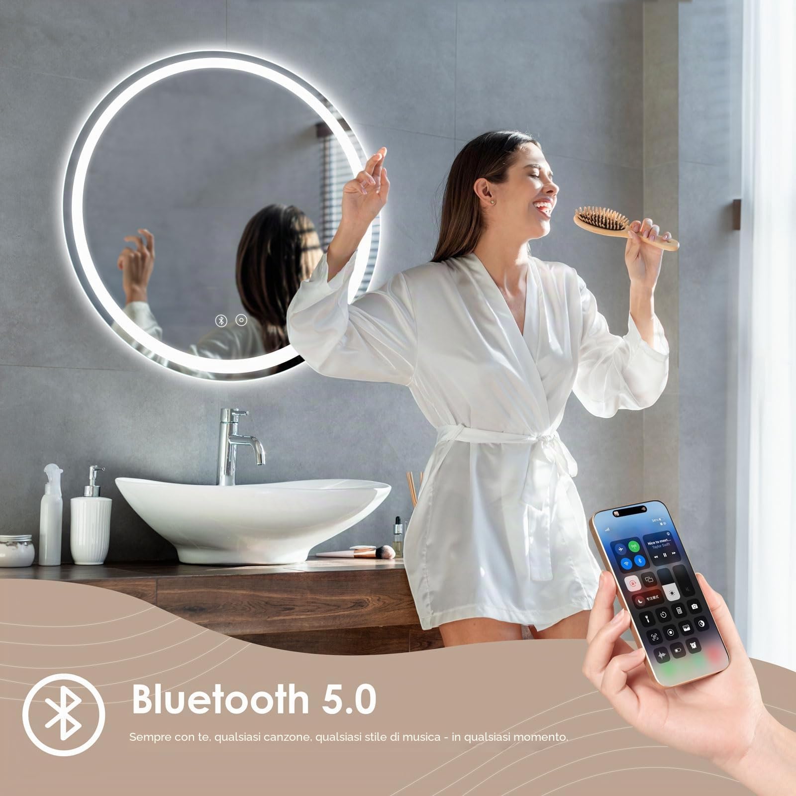 Dripex Rotondo Specchio da bagno con illuminazione 70cm Luce Specchio con altoparlante Bluetooth Anti-Nebbia Led Specchio Bagno con 3 Temperature Colore e Dimmerabile Smart Touch IP44