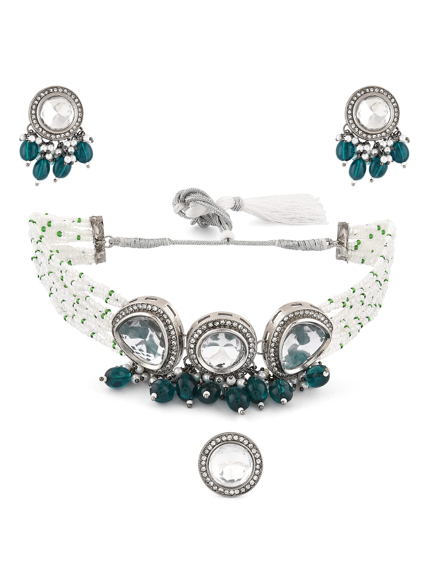 ZAVERI PEARLS Green Multistrand Dazzling Stones Choker Necklace Earring & Ring Set For Women-ZPFK15912 (B0C4H2WWYK) Amazon Price History, Amazon Price Tracker