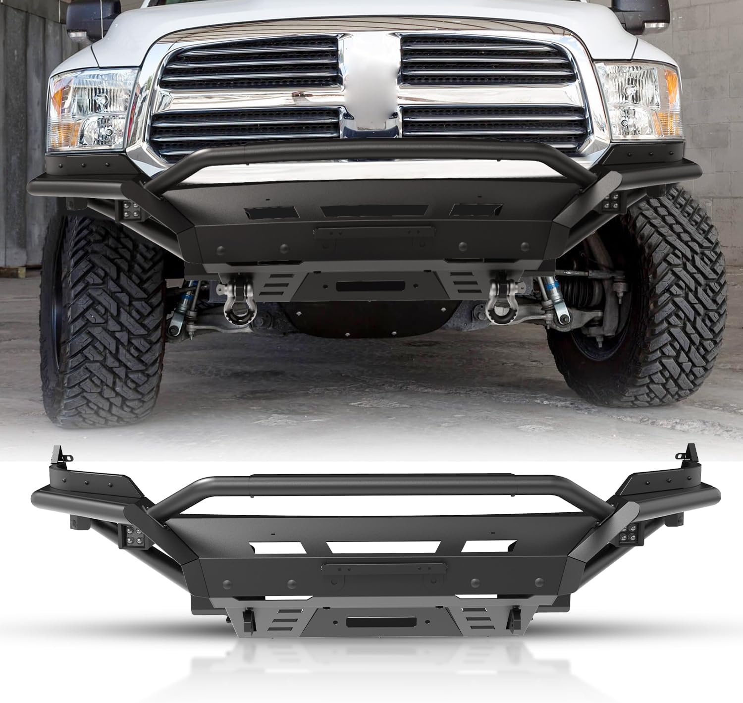Nixon Offroad Front Bumper for 2013-2018 Dodge RAM 1500 Pickup Truck(Excluding Rebel) / 2019-2024 RAM 1500 Classic(Excluding Warlock) Heavy Duty Steel Bumper with LED Light with Winch Plate Skid Plate