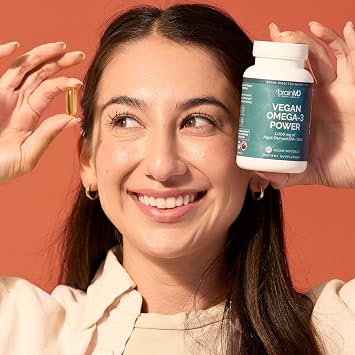 BRAINMD Dr Amen Vegan Omega-3 Power - 60 Plant-Based Softgels - 1,100 mg of EPA & DHA - Supports Focus, Memory & Heart Health - Vegan, Gluten Free & Non-GMO - 30 Servings