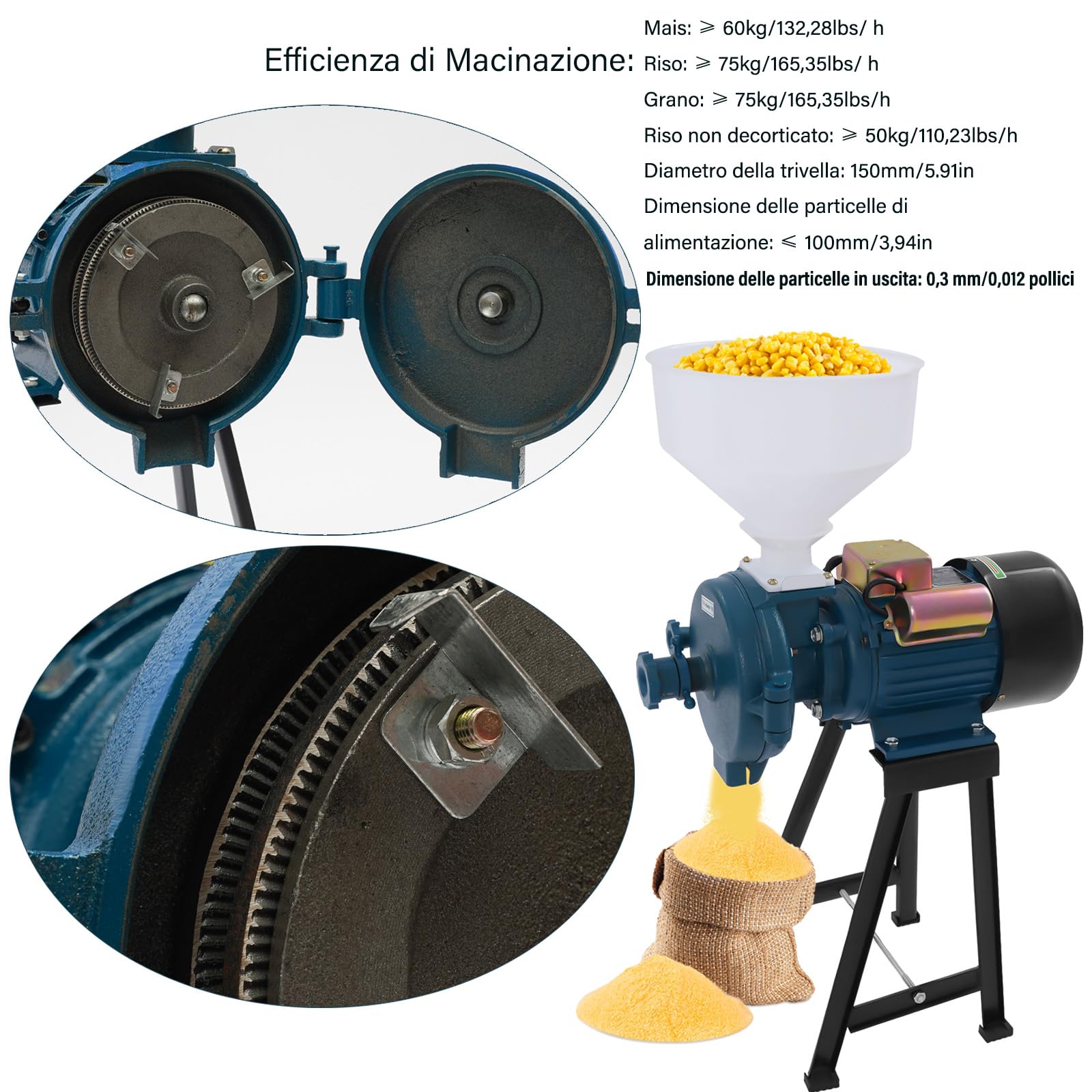 Mulino Elettrico Grano,Macina a Secco con Imbuto,Macinino Trituratore Smerigliatrice per cereali Commerciale Meccanico Elettrica può Riso Soia Sorgo e Mais 50-75kg/h(Blu)