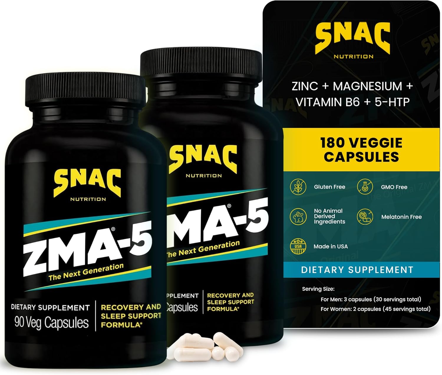 SNAC ZMA-5 Mineral Supplement - Supports Muscle Function, Restful Sleep, Immune Health & Relaxation with Zinc, Vitamin B6, Magnesium & 5-HTP for Sleep, Anxiety, Calmness - 180 Veggie Capsules (2 Pack)