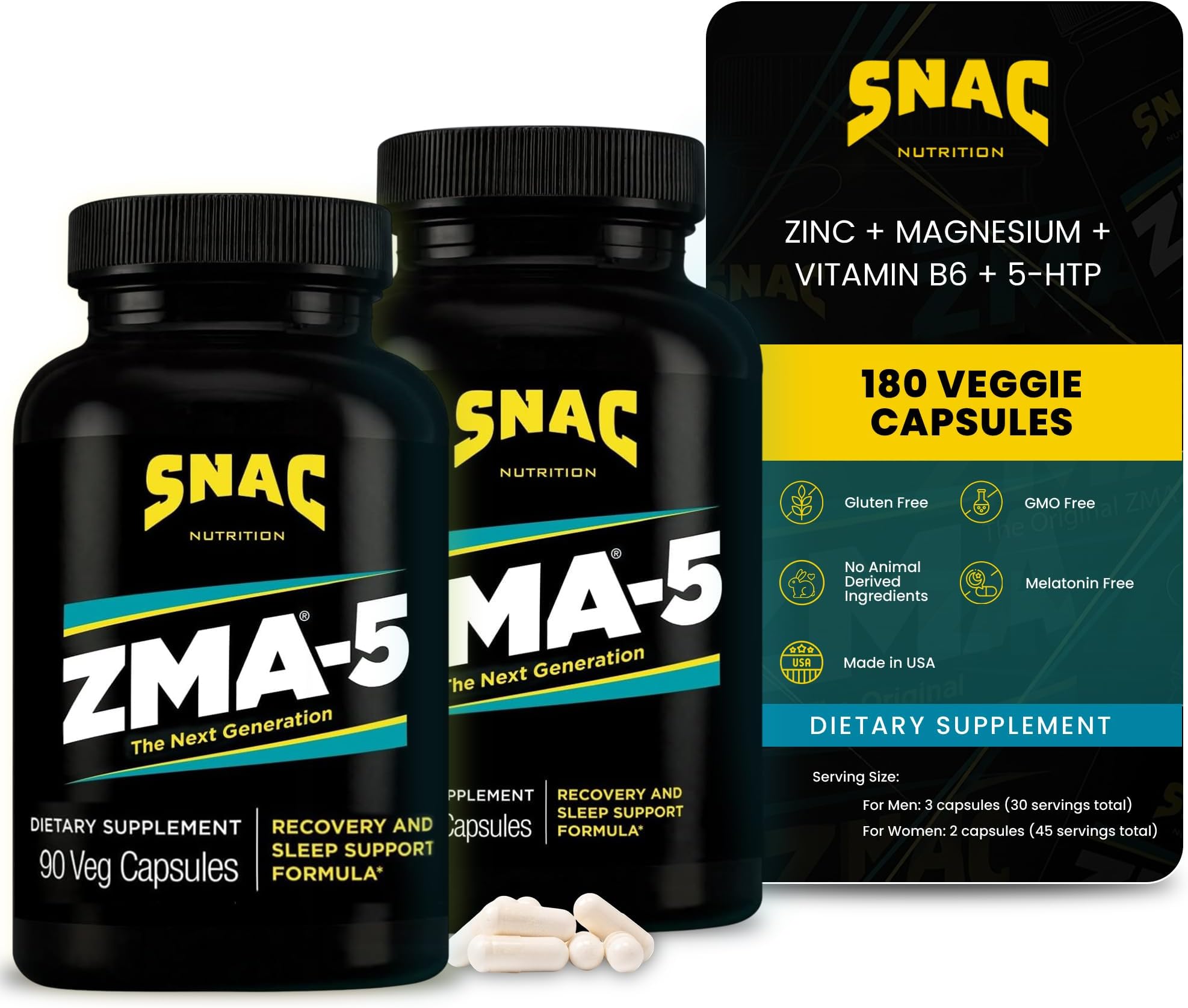 SNAC ZMA-5 Mineral Supplement - Supports Muscle Function, Restful Sleep, Immune Health & Relaxation with Zinc, Vitamin B6, Magnesium & 5-HTP for Sleep, Anxiety, Calmness - 180 Veggie Capsules (2 Pack)