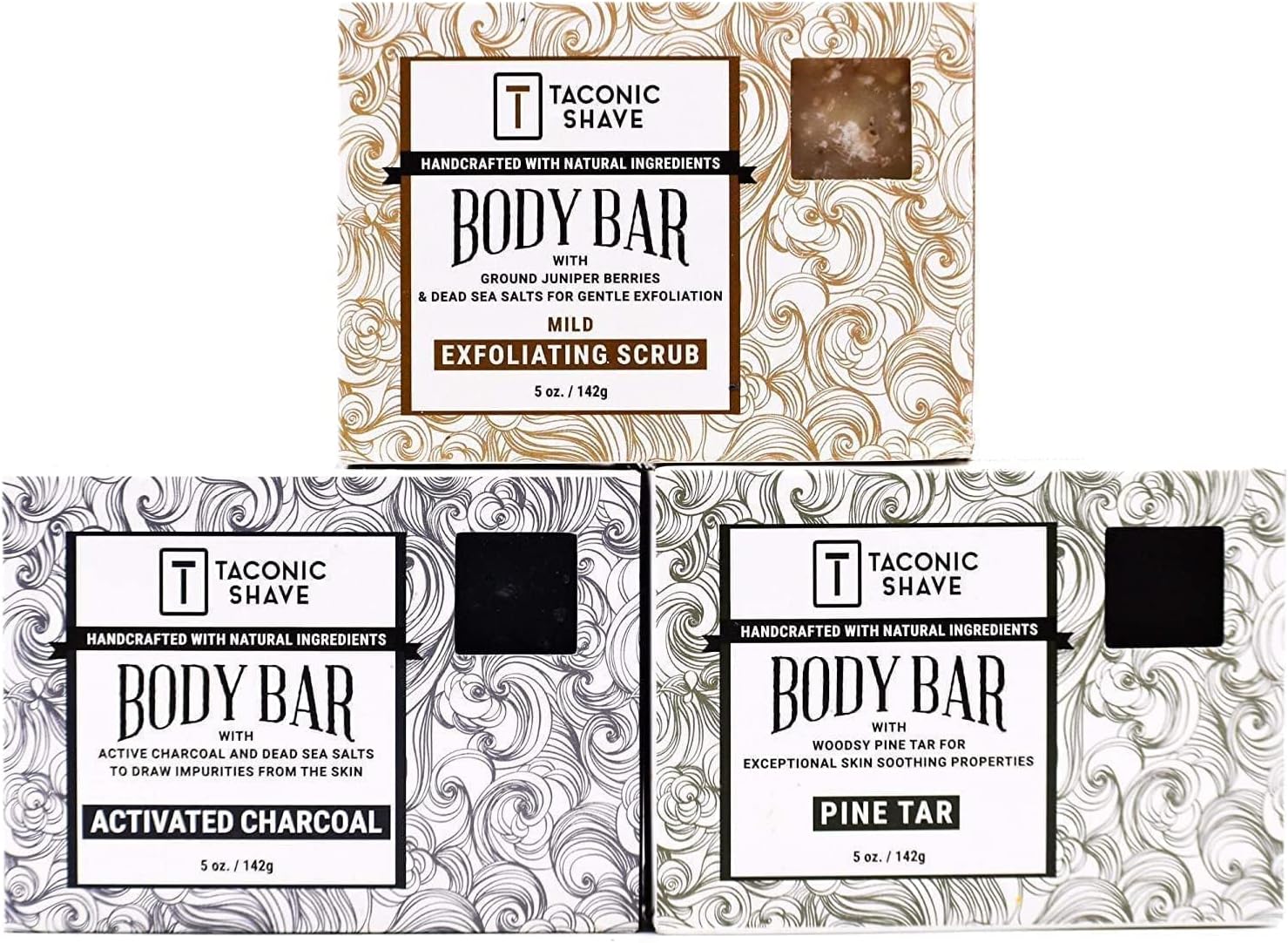 Taconic Shave S All Natural Face & Body Soap Variety Pack - 3 Bars - Handmade in the USA - One Bar of Pine Art and Exfoliating Charcoal