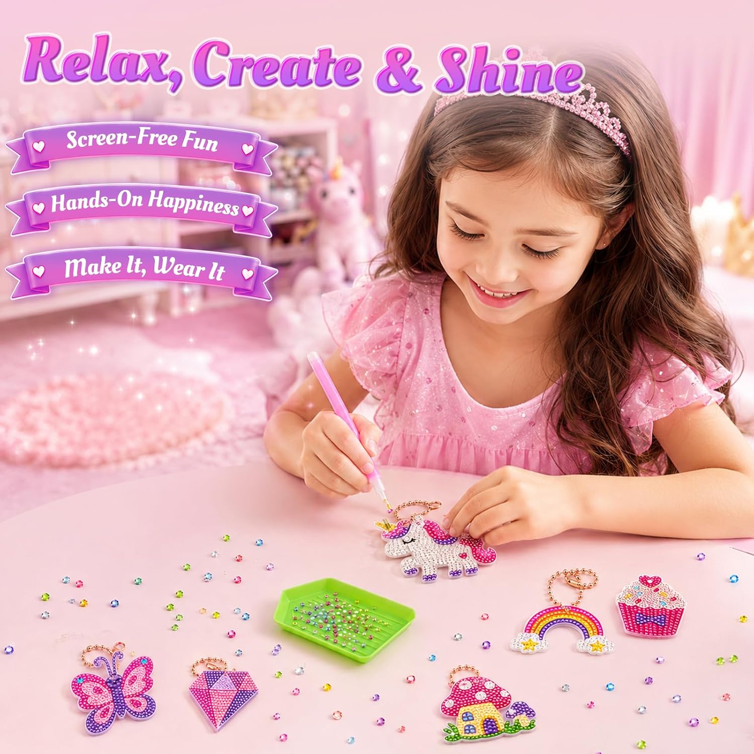 NewFamily Diamond Keychain Art Kit for Kids Ages 6-12, Sweet Adventure Diamond Painting Kit with 6 Keychains, Beginner Gem Art & DIY Crafts for Girls, Creative Gift image 2