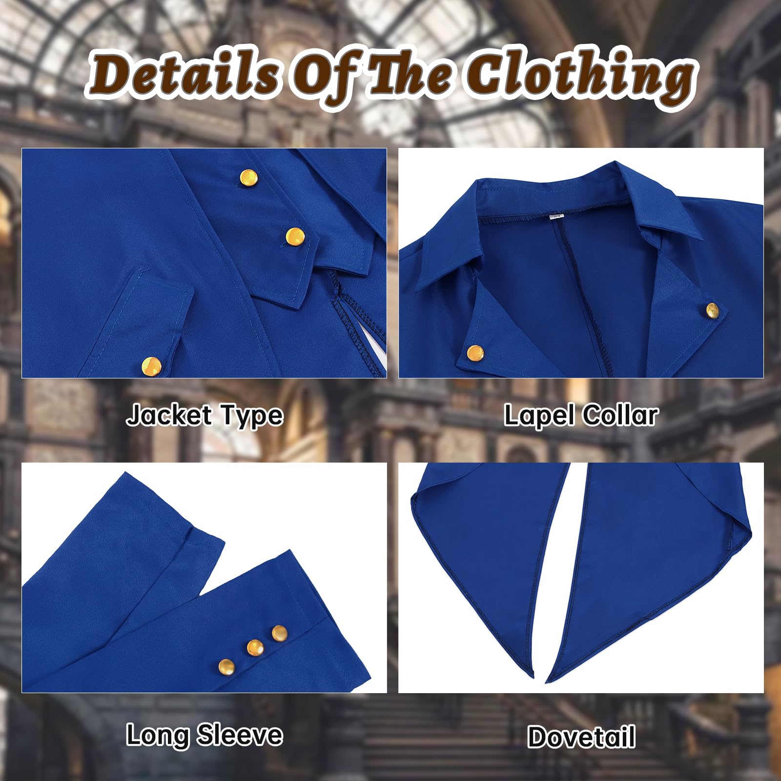 QEKFDOV Men's Steampunk Tailcoat,Medieval Gothic Victorian Frock Coat,Vintage Tailcoat Jacket Halloween Cosplay Costume (blue, S) - Image 3