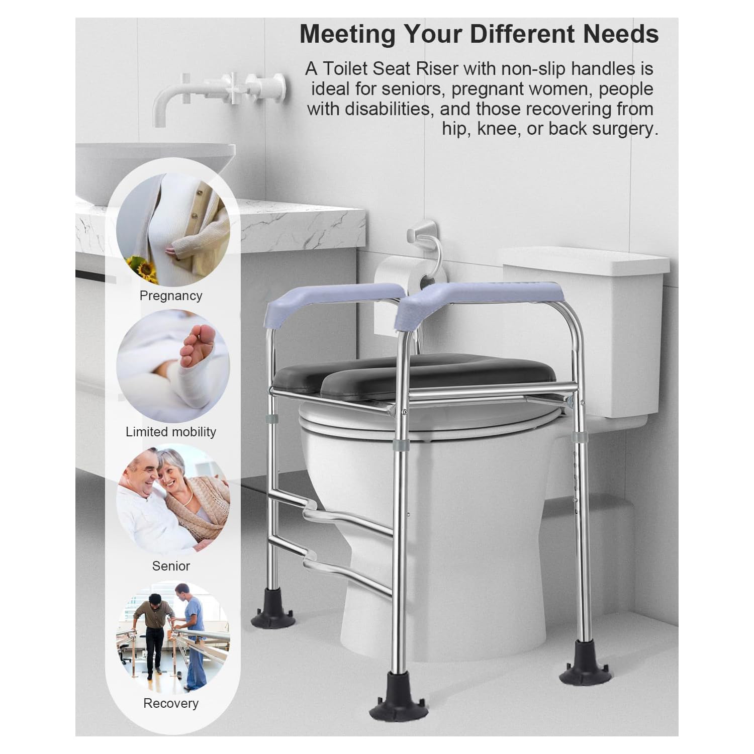 HEYOUTH Ausilio per WC,Alone Raised Toilet Seat 150 kg,Rialzo per sedile WC regolabile in altezza con braccioli, robusti Supporto WC per Anziani, Antiscivolo