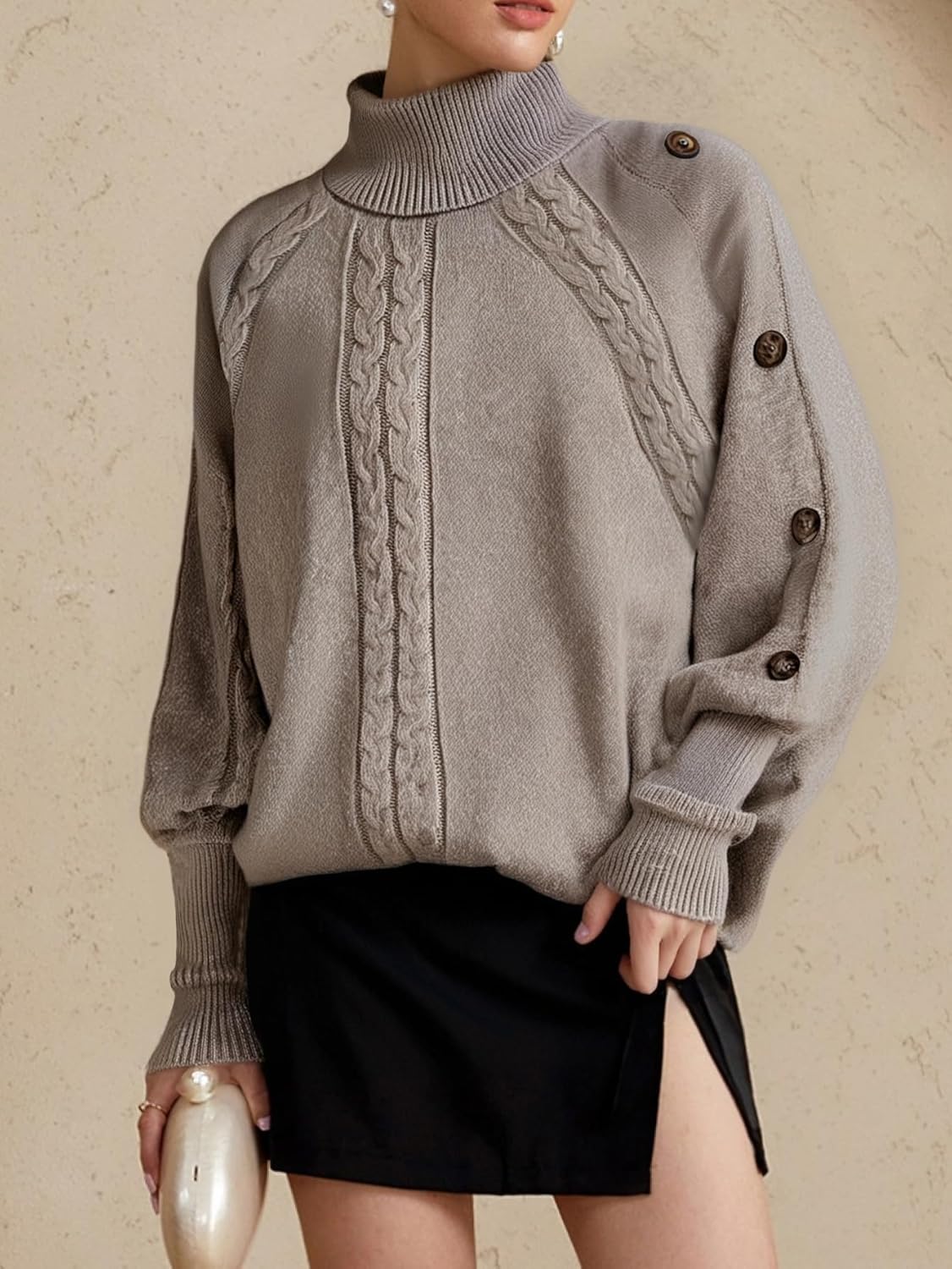 MakeMeChic Women's Poncho Sweater Asymmetrical Turtleneck Knit Pullover Sweater Button Oversized Long Sleeve Poncho - Image 4